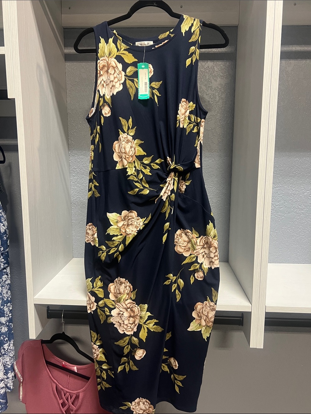 nine britton Navy Sleeveless Twist-Front Midi Dress with Cream Floral Print